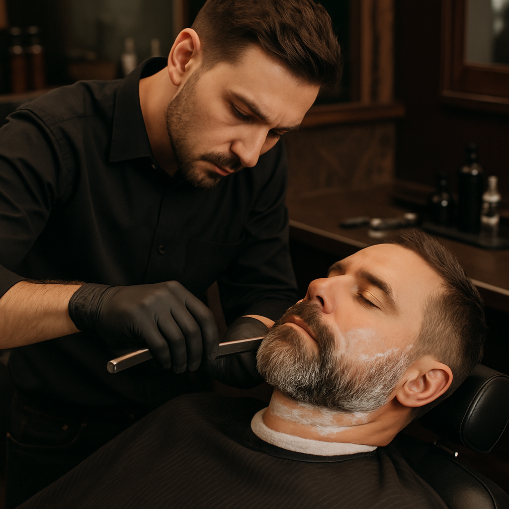 Hombre adulto recibiendo servicio de barbería, afeitado y arreglo de barba en espacio masculino y profesional.