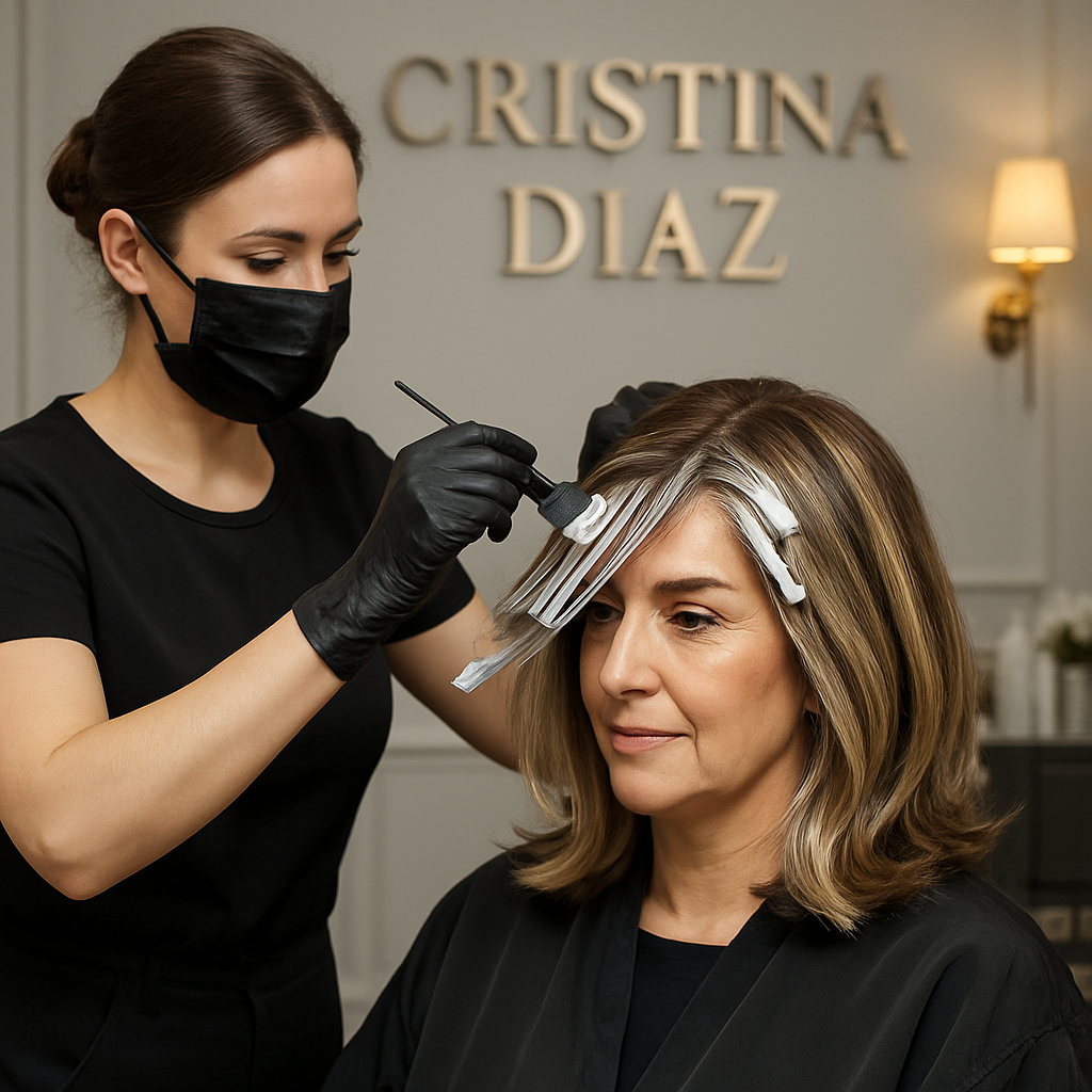 Técnica de coloración en cabello de mujer, mostrando reflejos modernos y atención personalizada en el salón.