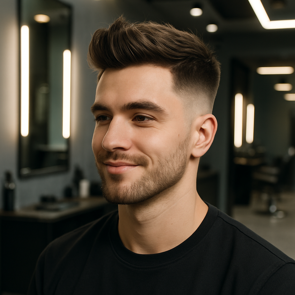 Joven hombre con corte de cabello trendy realizado por barbero profesional en entorno moderno.