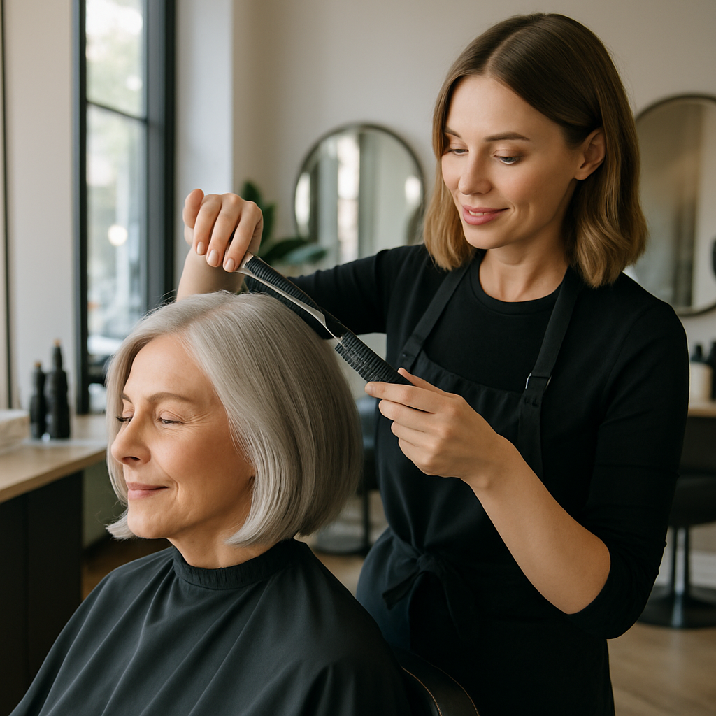 Mujer adulta recibiendo corte de cabello moderno por estilista en ambiente elegante del salón CRISTINA DIAZ.