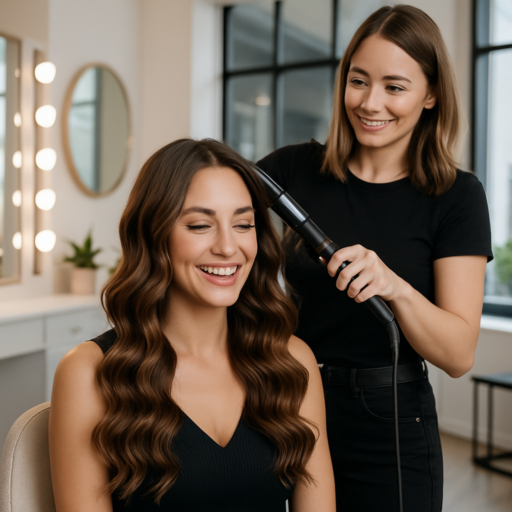 Cliente mujer peinada con ondas profesionales por estilista en un entorno luminoso y sofisticado.