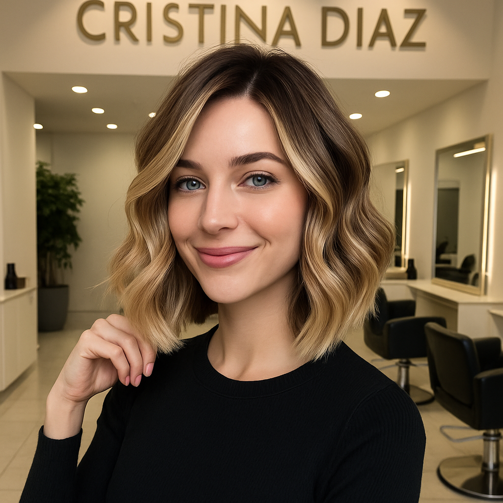 Mujer mostrando resultado de coloración y peinado moderno, posando satisfecha en ambiente elegante del salón.