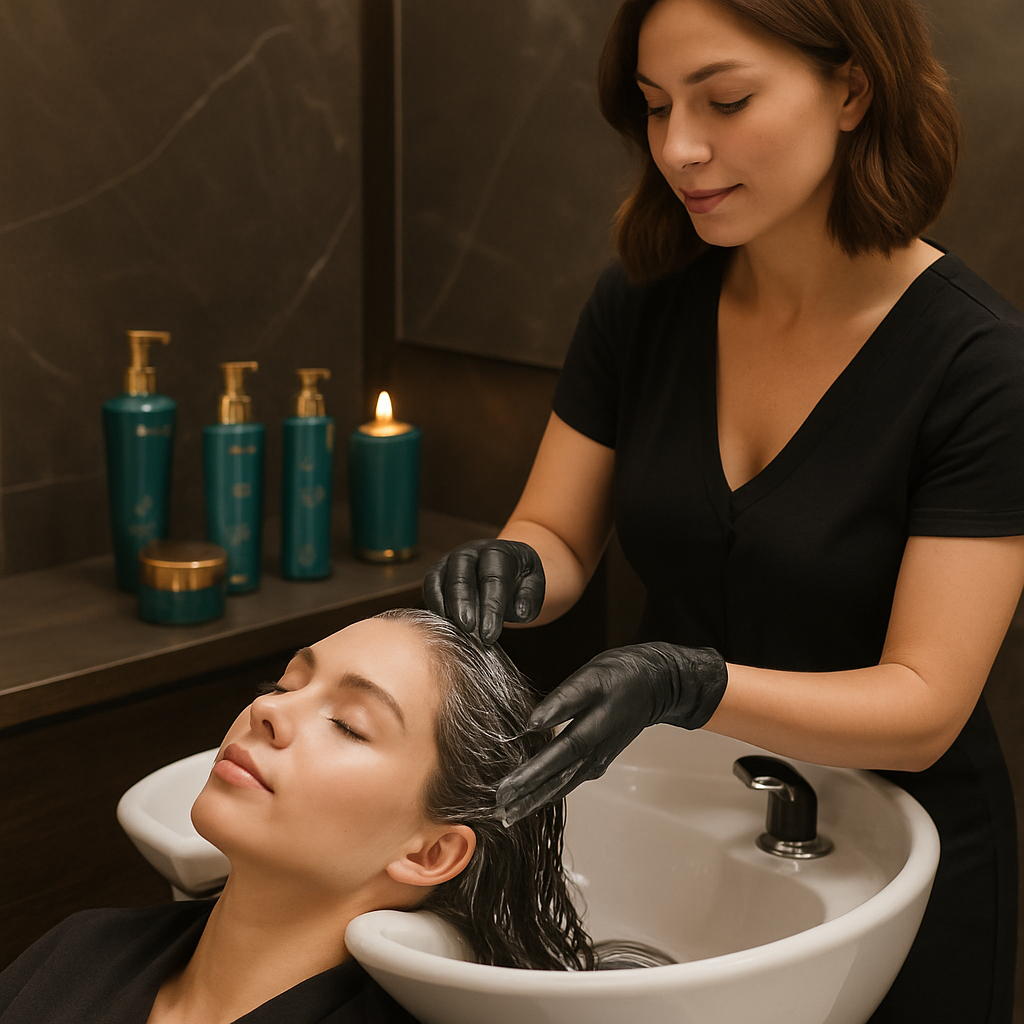 Aplicación de tratamiento capilar a cliente mujer, resaltando cuidado y productos premium.