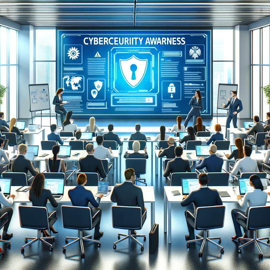 Futuristic illustration of professionals participating in interactive cyber awareness training, large digital lock and security icons visible, modern blue and violet palette
