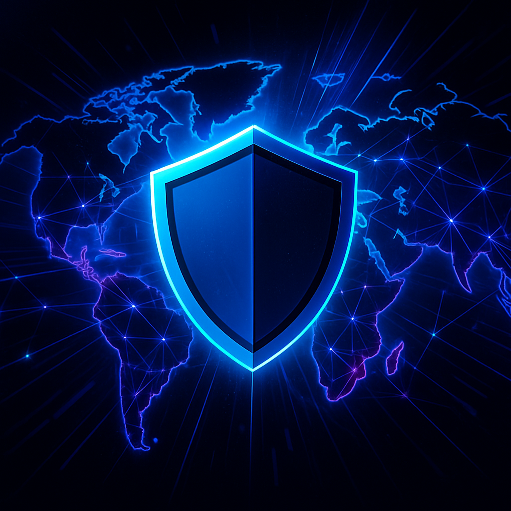 Futuristic shield with digital world map and interconnected networks, symbolizing global protection and innovation in cyber awareness
