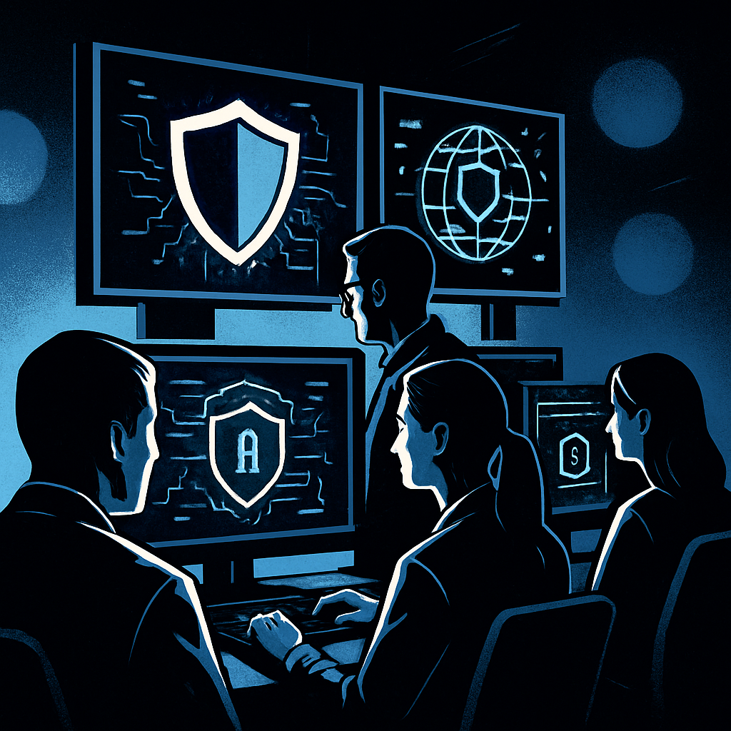 Professional team monitoring digital security dashboards with shield icons and network protection elements, symbolizing expert management and ongoing defense in a modern, high-contrast cyber security style