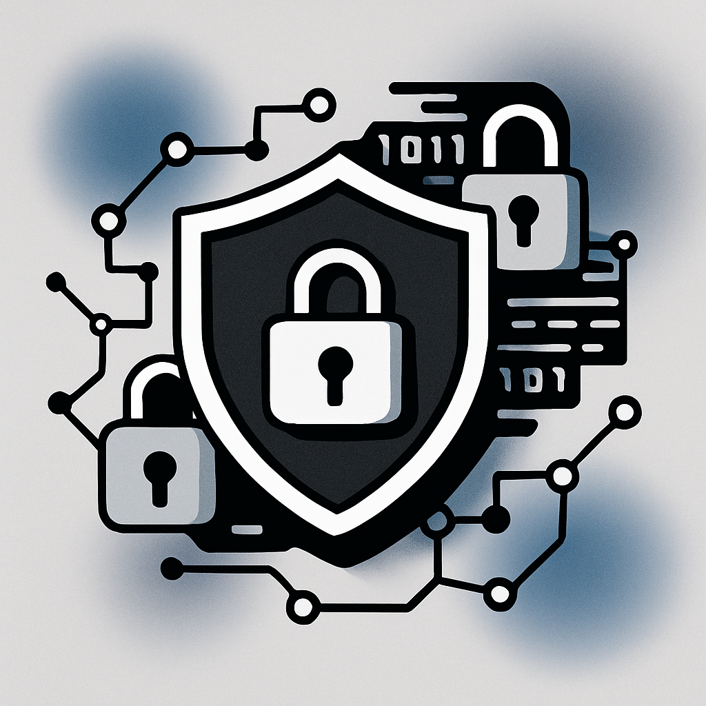 A modern, professional illustration of comprehensive cyber security protection with shield, digital locks, and network elements in a high-contrast style