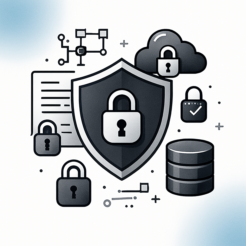 Modern cyber security illustration visually representing data safety and secure information protection, with digital shield, encrypted data symbols, and secure storage icons in a professional, high-contrast style