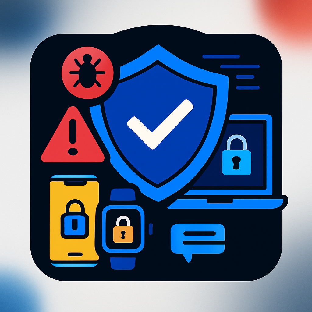 Modern cyber security illustration depicting cyber crime prevention and awareness with digital shield, alert icons, and secure devices