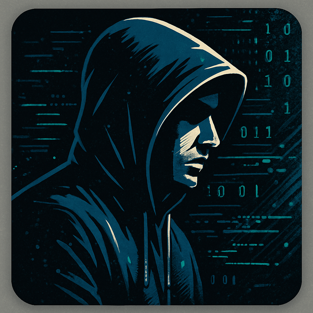 High-contrast modern illustration of a different person in a hoodie, facing slightly sideways, with a cyber hacker motif and digital effects in a professional cyber security style