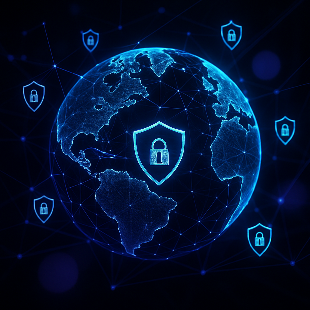 Digital globe with interconnected networks, shield icons, and cyber defense motifs in a high-contrast, modern style