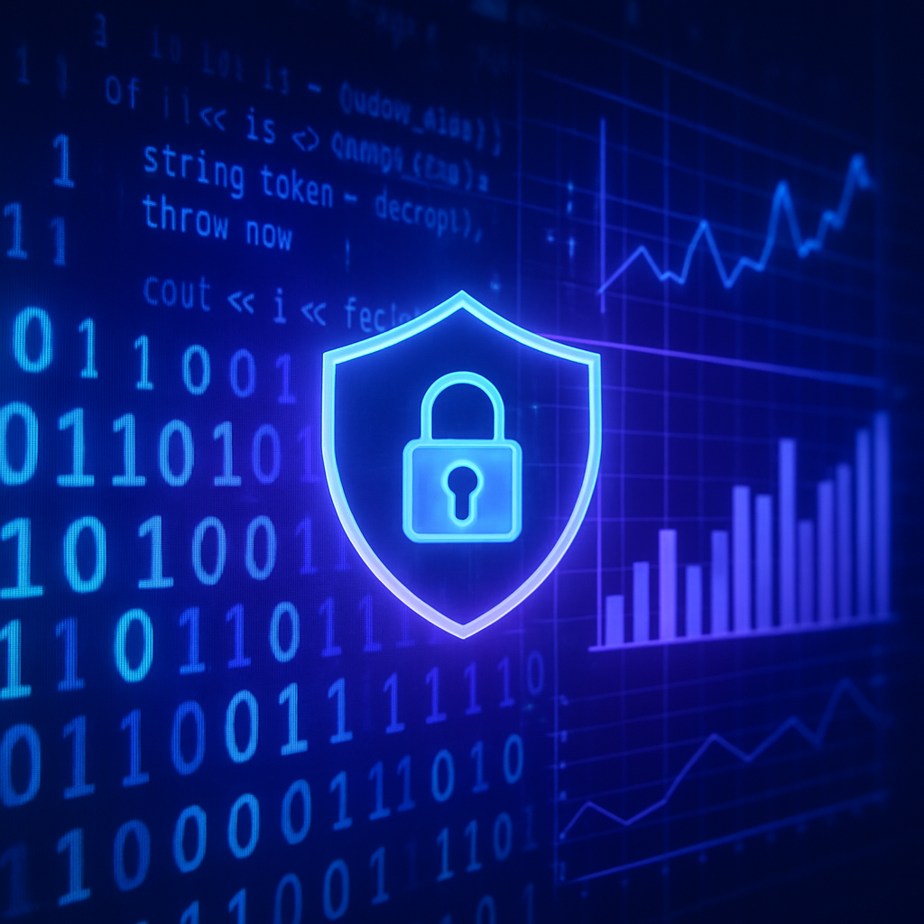 Visually prominent cyber security image featuring digital numbers, code streams, data protection icons, and analytics motifs in a high-contrast, modern style