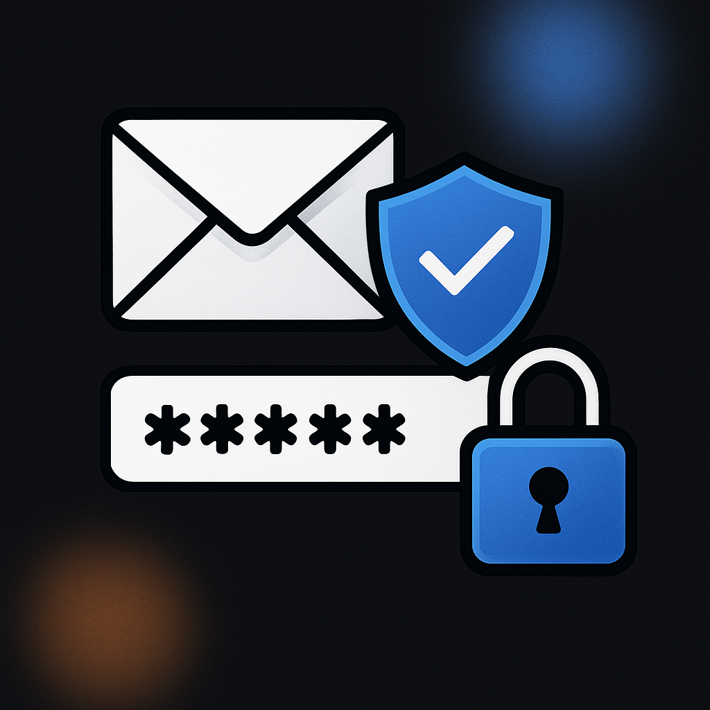 Modern cyber security illustration showing a secure email envelope and password field, with digital shield and lock icons to represent protected communication and credential security