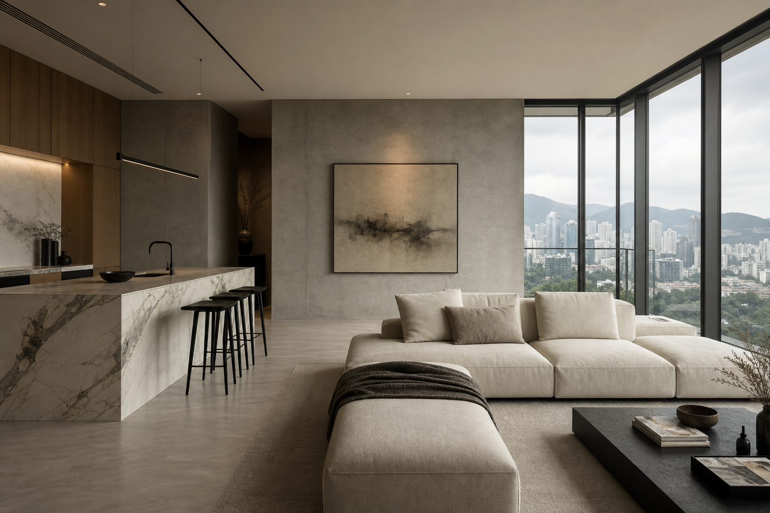 Refined modern apartment living room with pale marble island, textured concrete walls, floor-to-ceiling windows, soft linen seating, and muted daylight