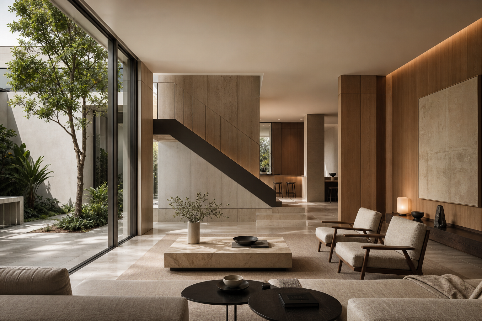 Luxury modern courtyard house interior in Bangsar with warm oak wall panels, travertine flooring, large glass windows, soft daylight, and minimalist bespoke furniture