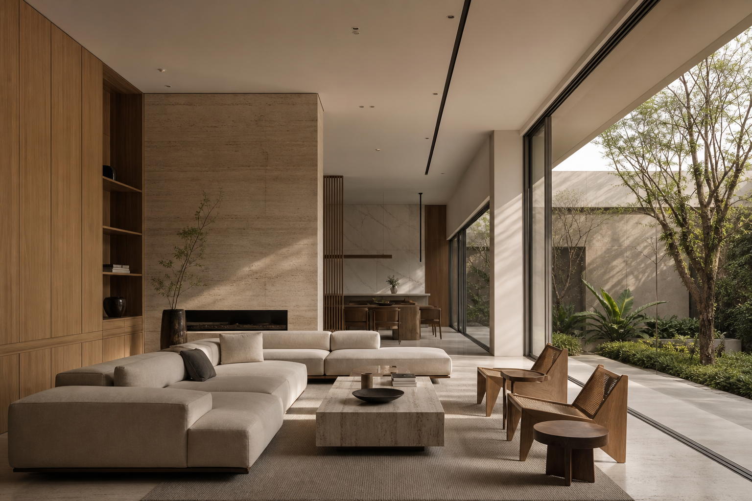 Luxury modern residence interior with warm oak, travertine surfaces, natural daylight, and floor-to-ceiling windows