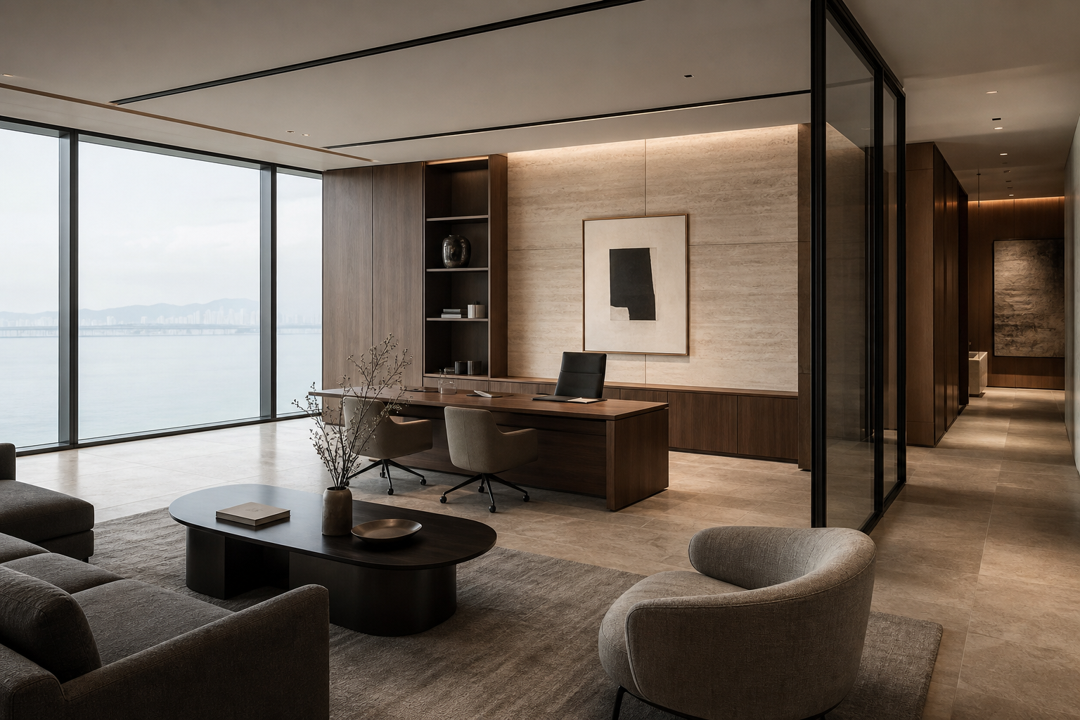 Boutique seafront office suite in Penang with walnut carpentry, travertine feature wall, slim black frames, curated art pieces, and calm natural light