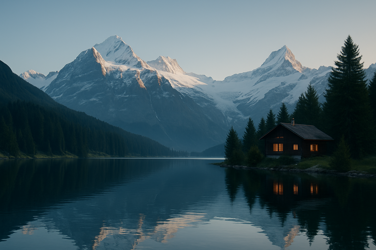 Panoramic Swiss Alps view with snow-capped peaks, a crystal blue lake in the foreground, and a charming wooden chalet nestled among pine trees
