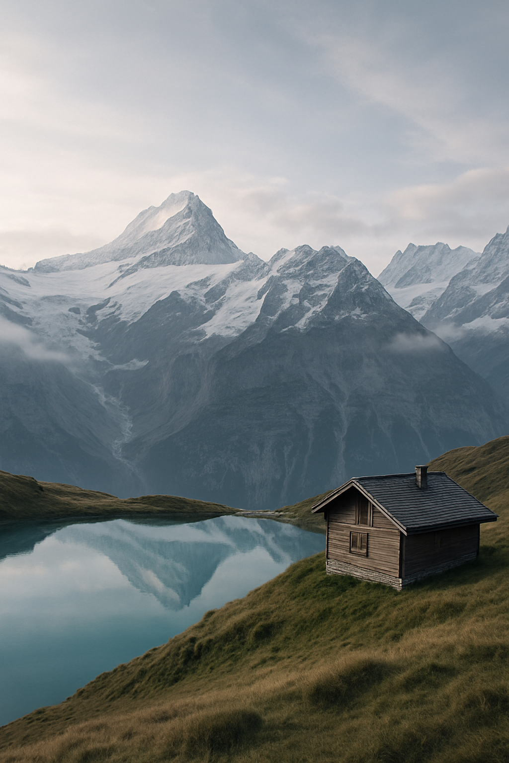 Panoramic Alpine scene with snow-capped peaks, a turquoise mountain lake in the foreground, a wooden chalet on the hillside, and soft morning light filtering through clouds