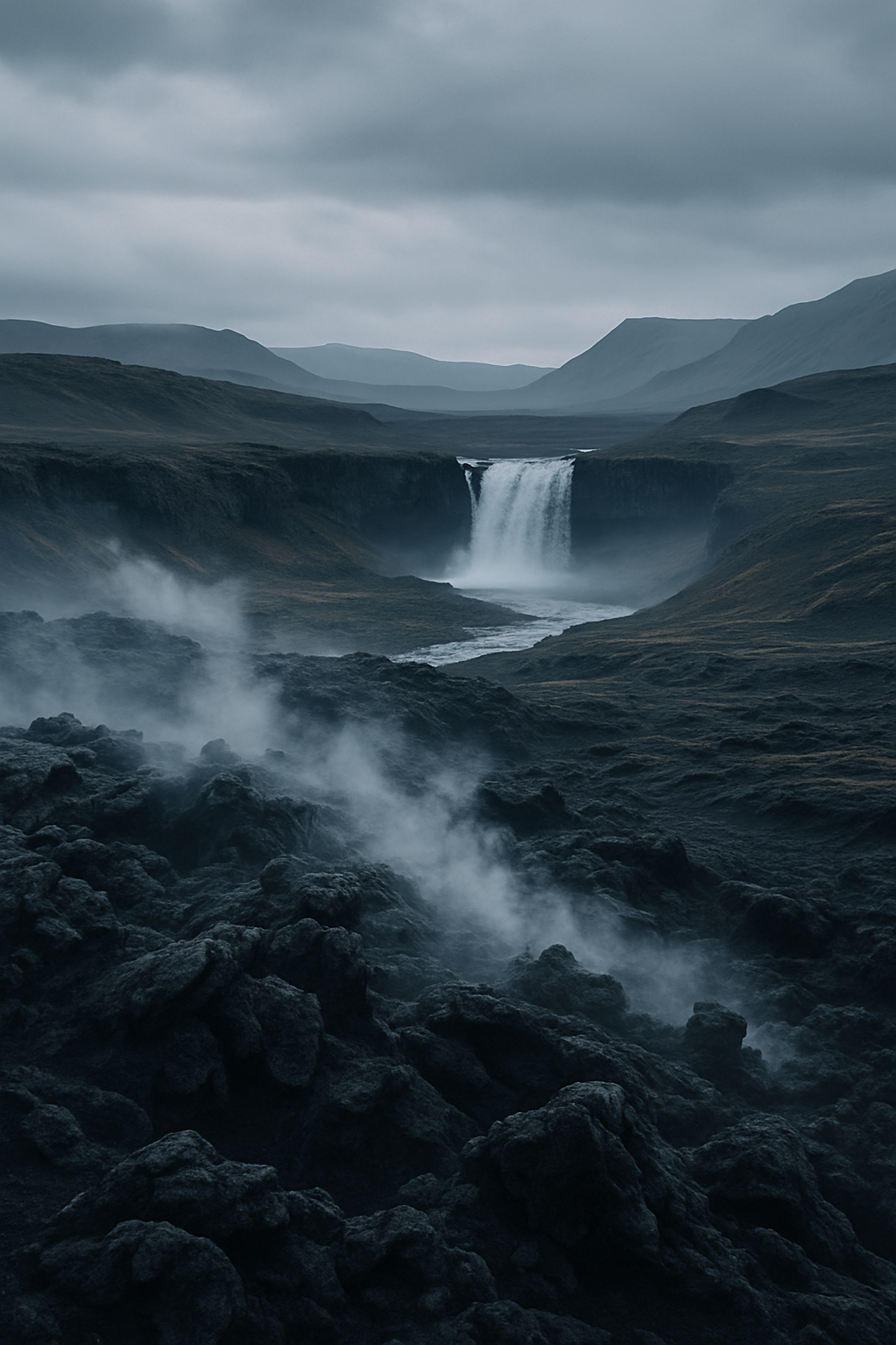 Moody Icelandic landscape with steaming lava fields, cascading waterfall in the distance, and dark volcanic terrain under soft overcast sky