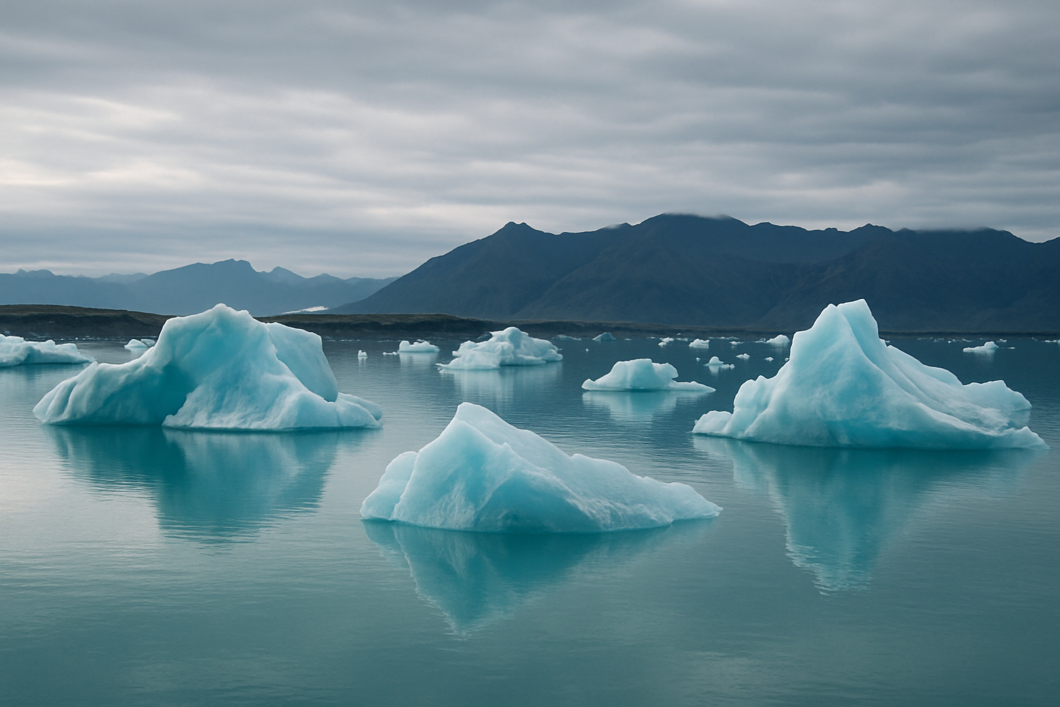 Glacial lagoon in Iceland with icebergs floating on calm turquoise water under a soft overcast sky