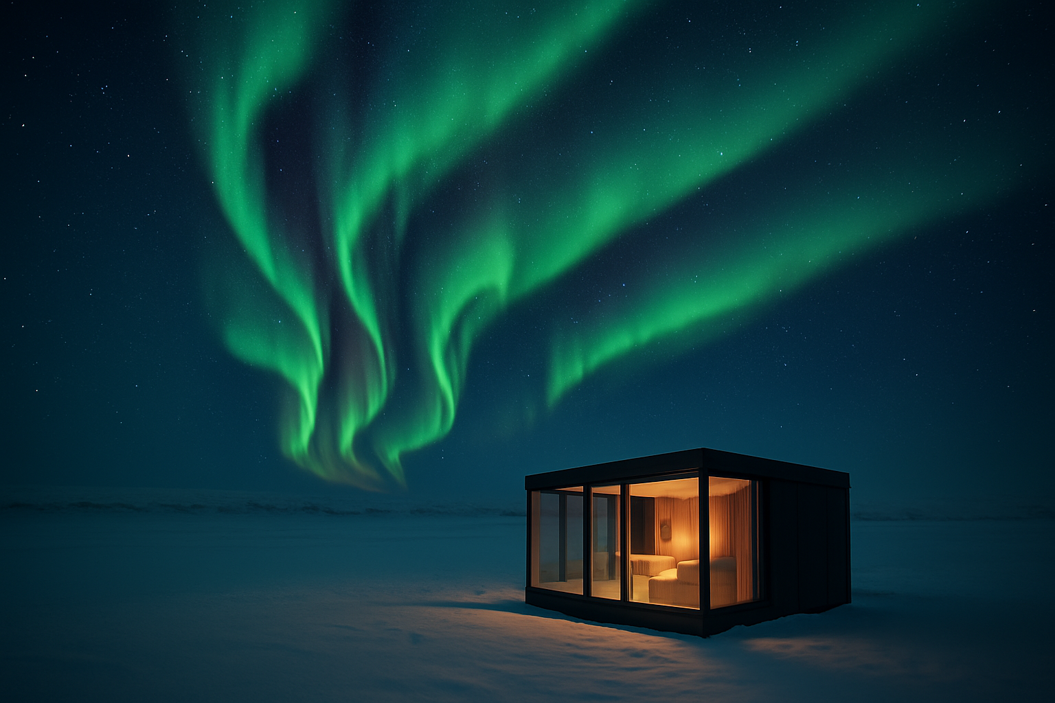 Northern lights aurora borealis swirling green and purple over a snowy Arctic landscape with a cozy illuminated glass cabin