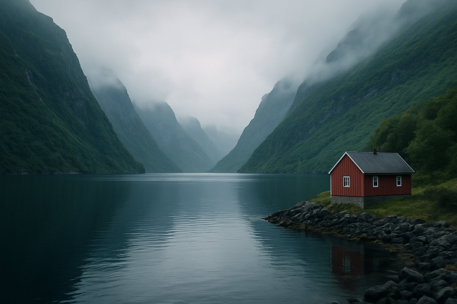 Norwegian fjord with deep blue water flanked by steep green mountains and a small red wooden cabin on the shore