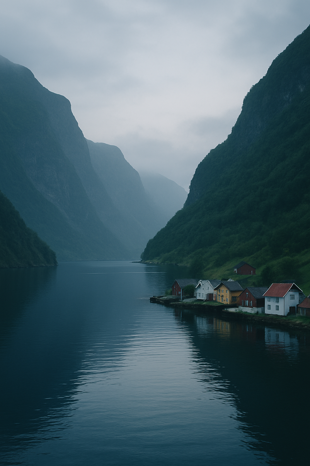 Serene Norwegian fjord scene with deep blue water, steep green cliffs, and a quiet harbor village nestled at the water's edge under soft misty light