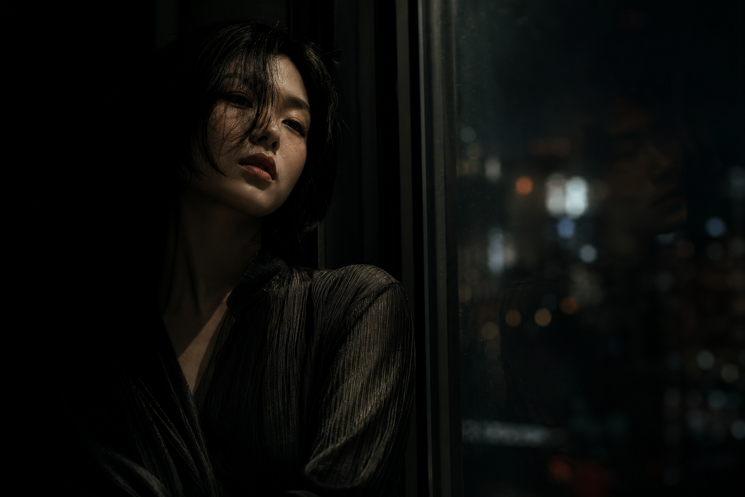 Nocturnal portrait in deep shadow with luminous highlights and grain