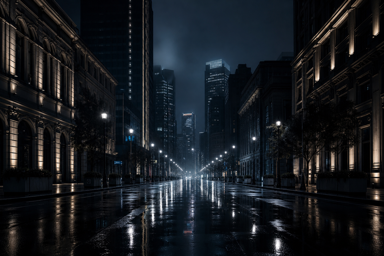Wide nocturnal city avenue with reflective asphalt and blue-black tonal contrast