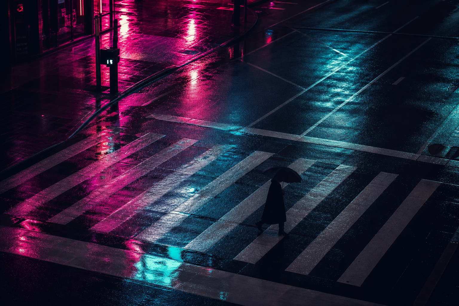 Rain-soaked neon crosswalk with magenta and cyan reflections at night