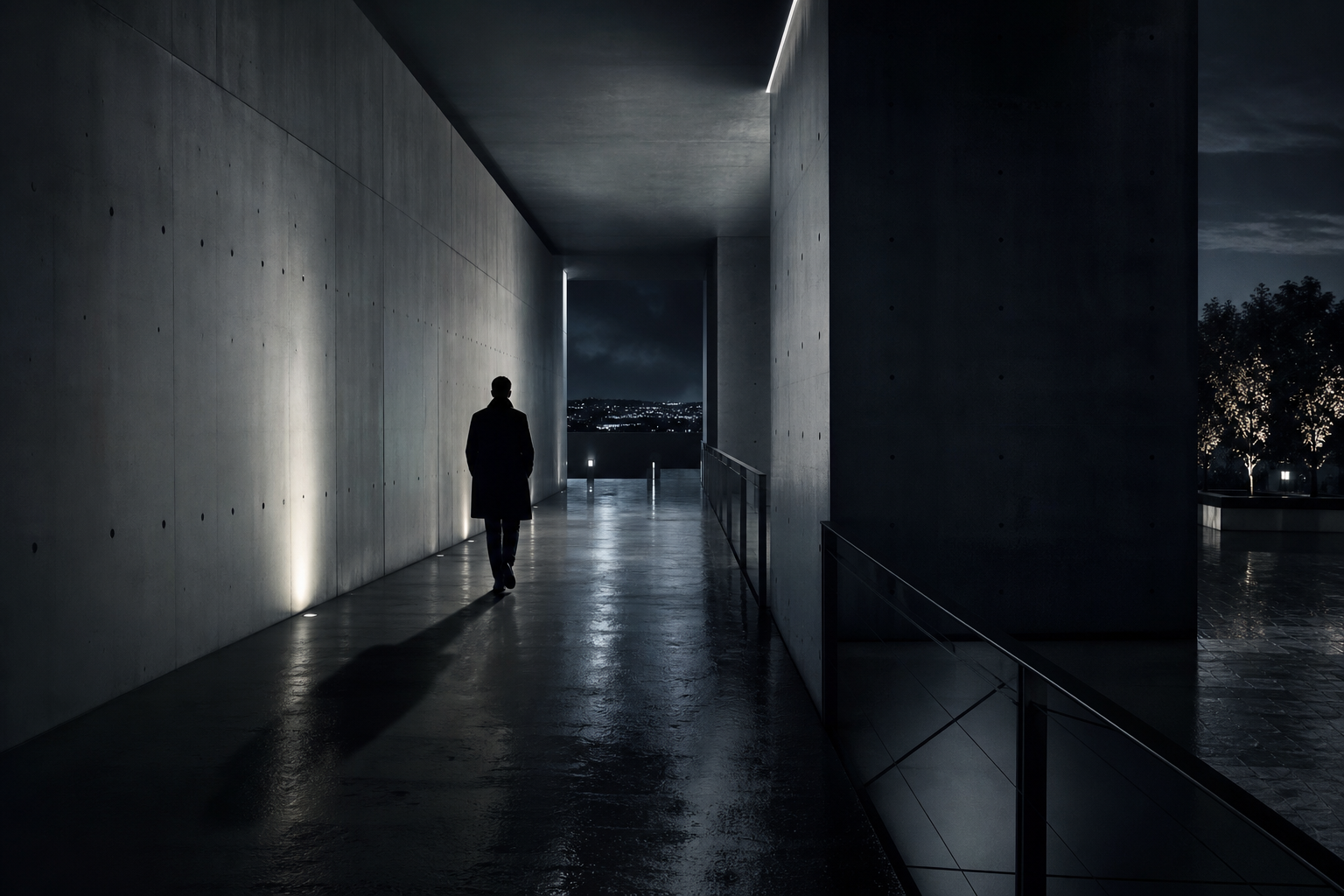 Solitary figure in a dim corridor with long cinematic shadows
