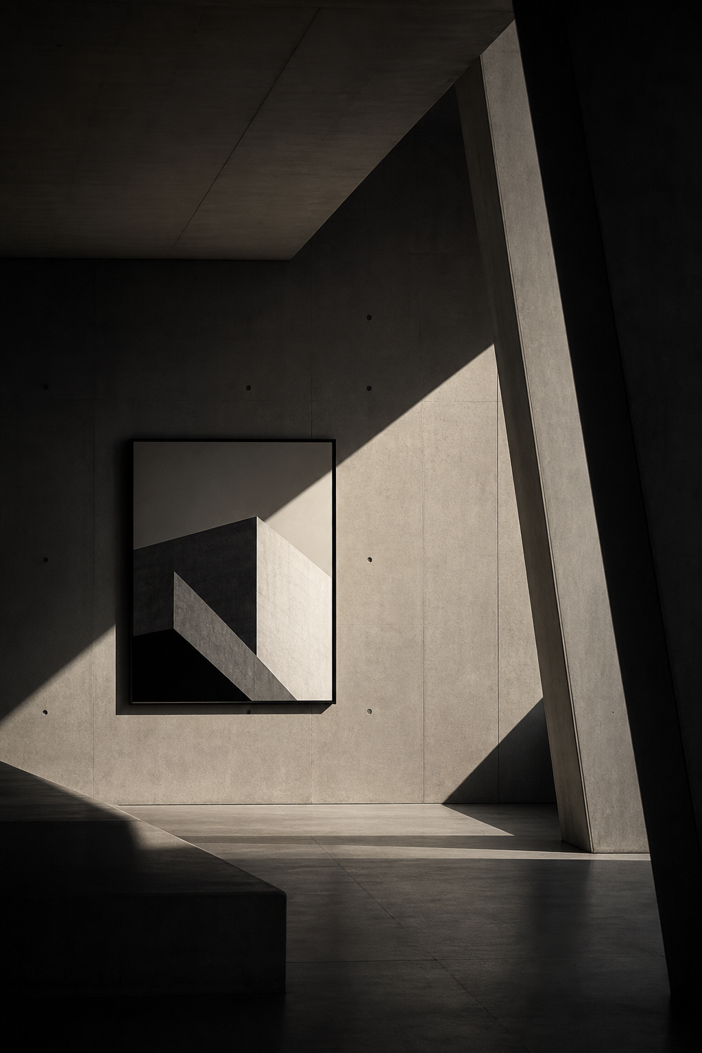Architectural photography piece with geometric shadows and stark concrete textures