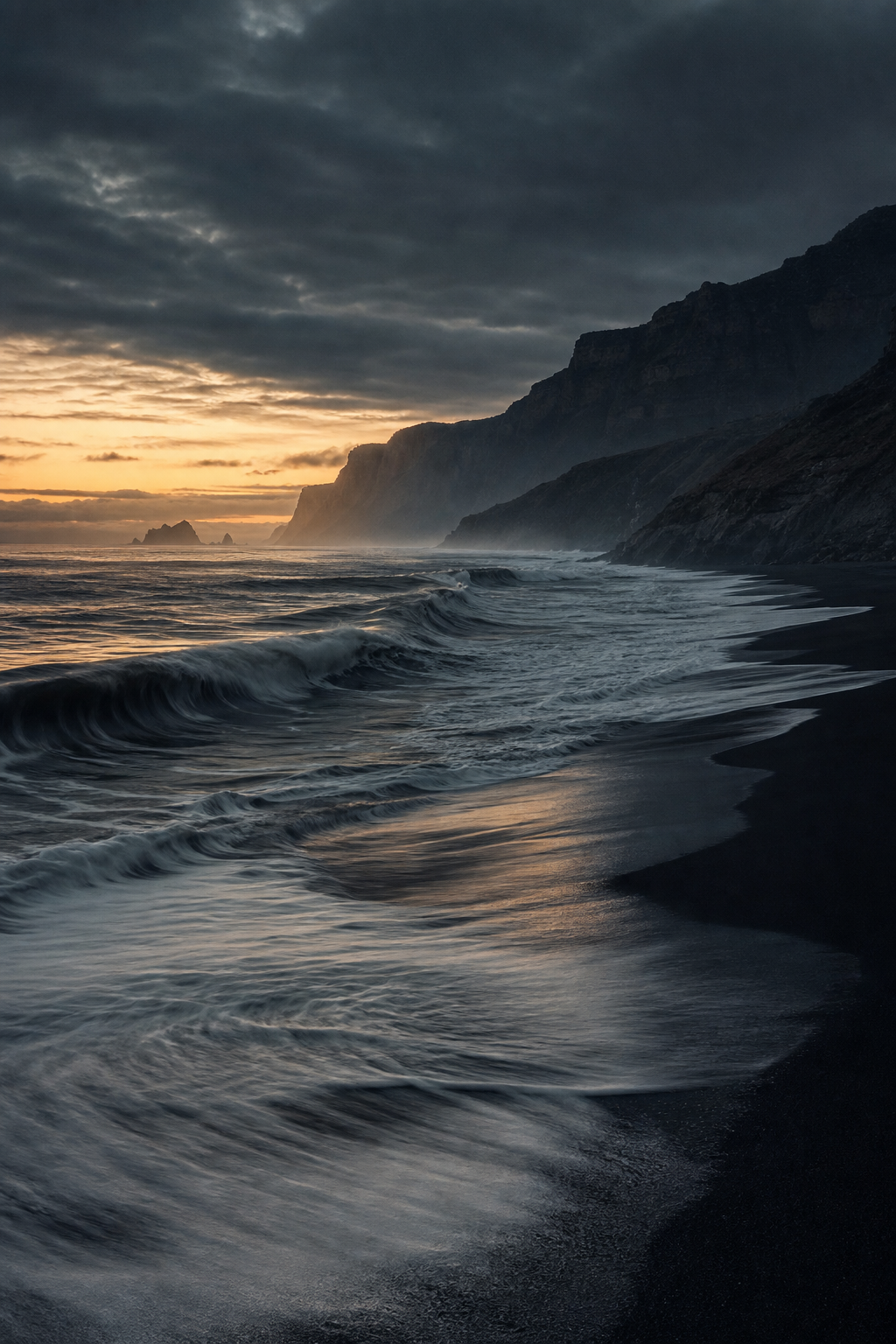 Tidal Memory by Soren Vale, moody shoreline with layered waves and long exposure texture