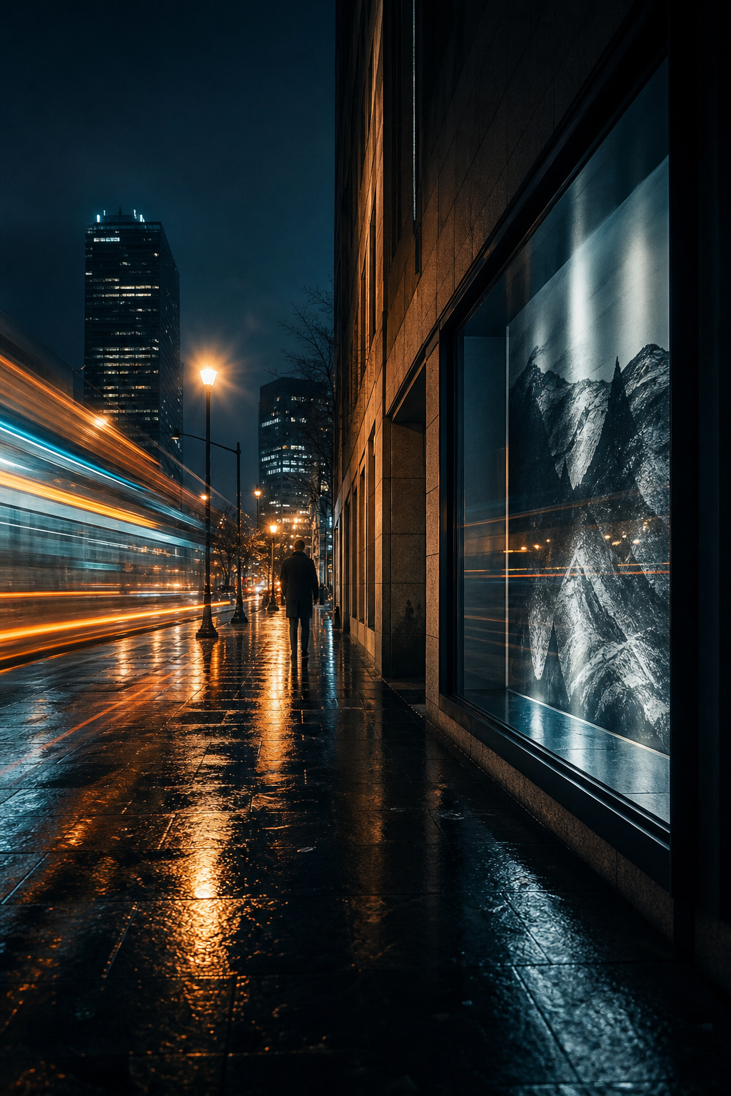 Nocturne Transit by Ines Calder, urban night photograph with reflective streets and cinematic glow