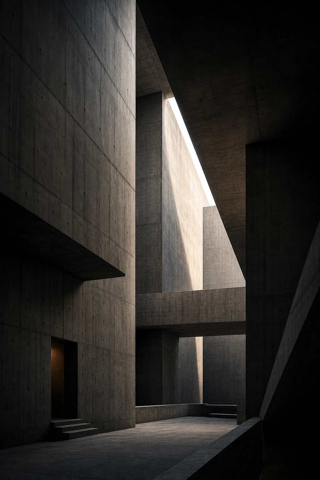 Concrete Prayer by Theo Marek, towering brutalist architecture with high-contrast light