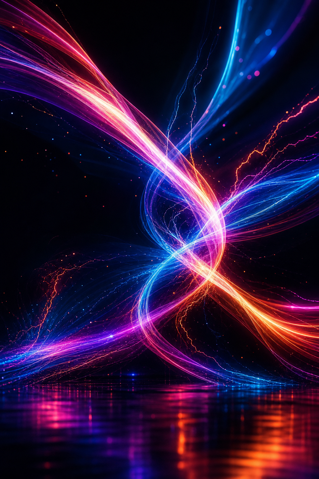 Neon Current by Elara Voss, vivid digital neon ribbons over dark atmospheric field