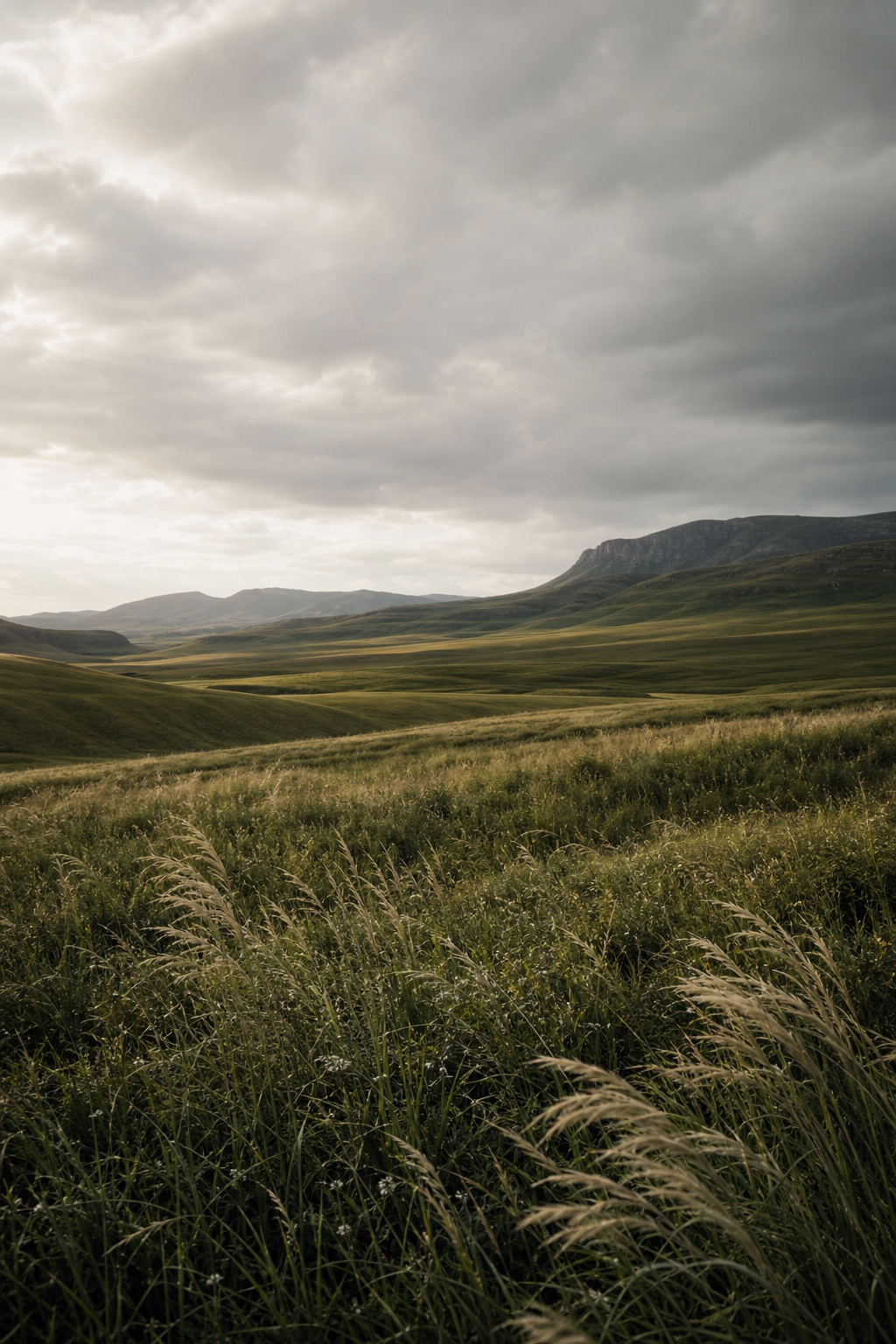 Meadow Static by Soren Vale, windswept grassland under muted sky with subtle texture