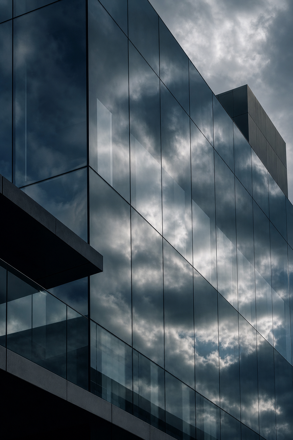 Glass Weather by Theo Marek, reflective glass facade with layered sky reflections