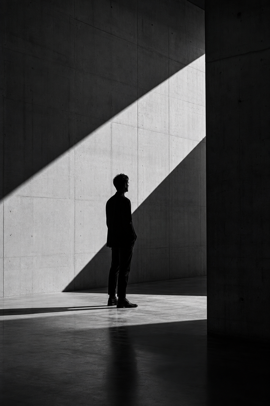 Monochrome portrait of a standing figure framed by hard architectural shadows