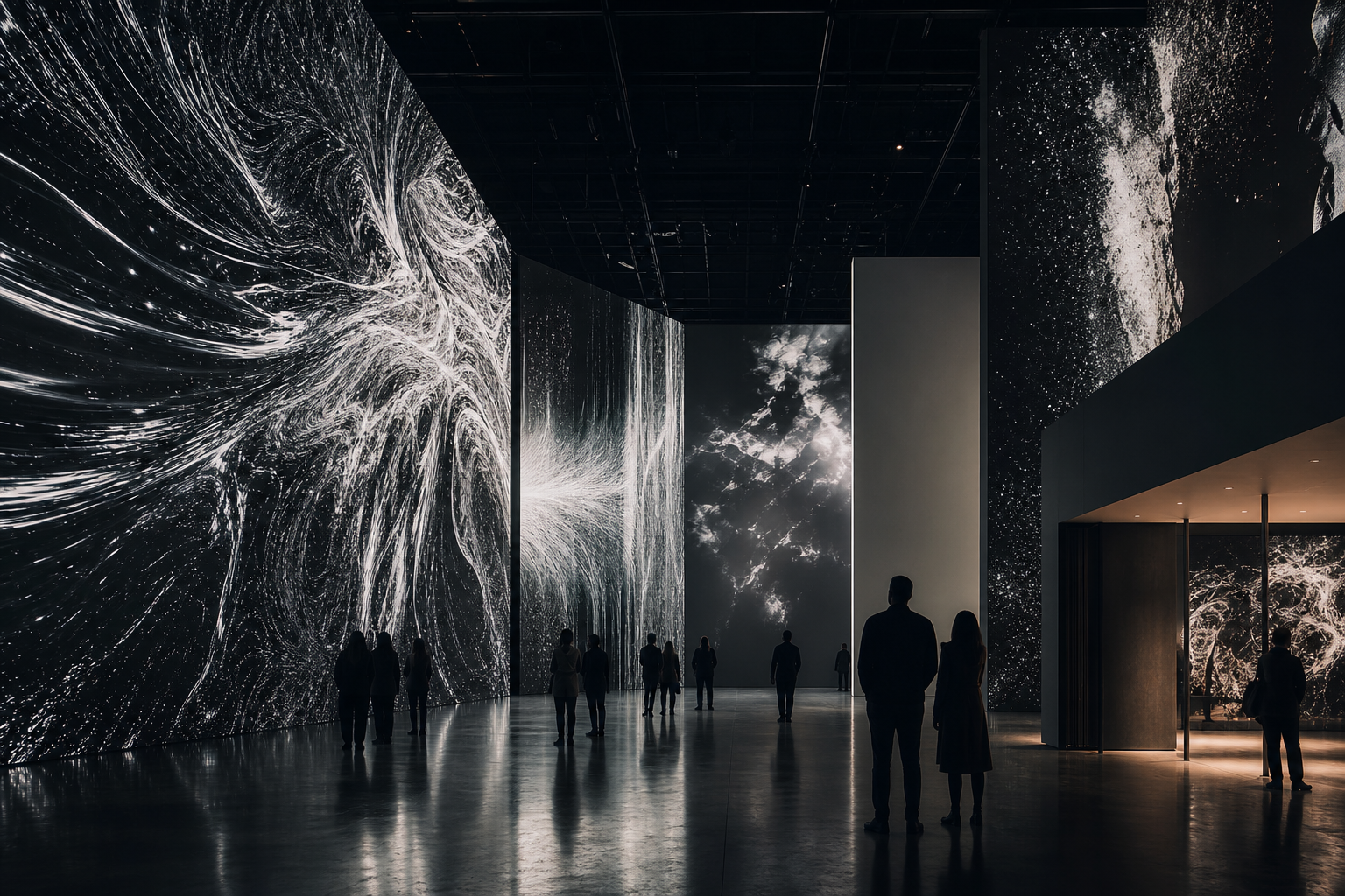 Large-scale immersive digital exhibition hall with projected abstract visuals, dramatic architectural lines, and cinematic contrast