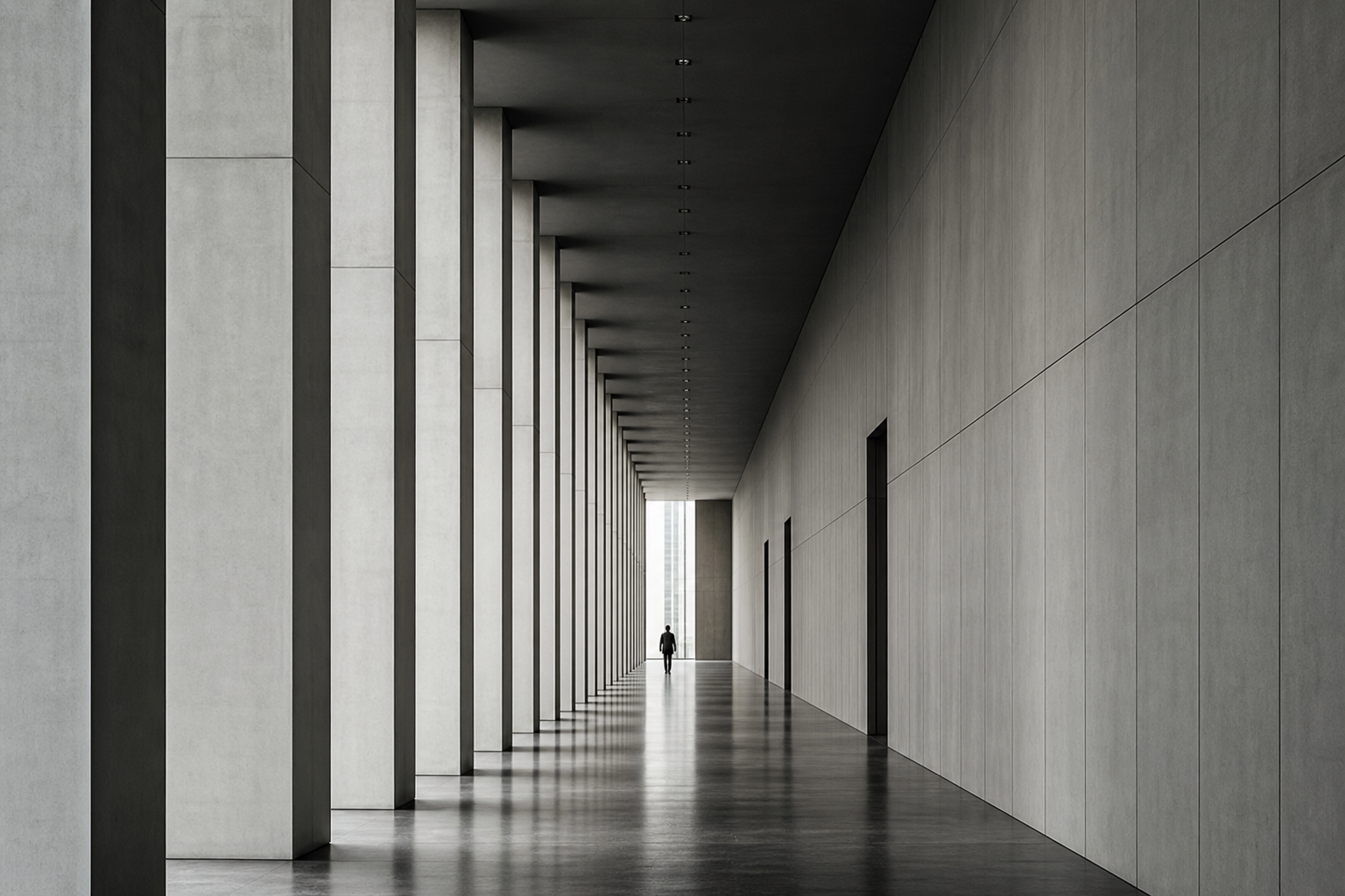 Minimal architectural corridor with a distant human figure and strong linear perspective