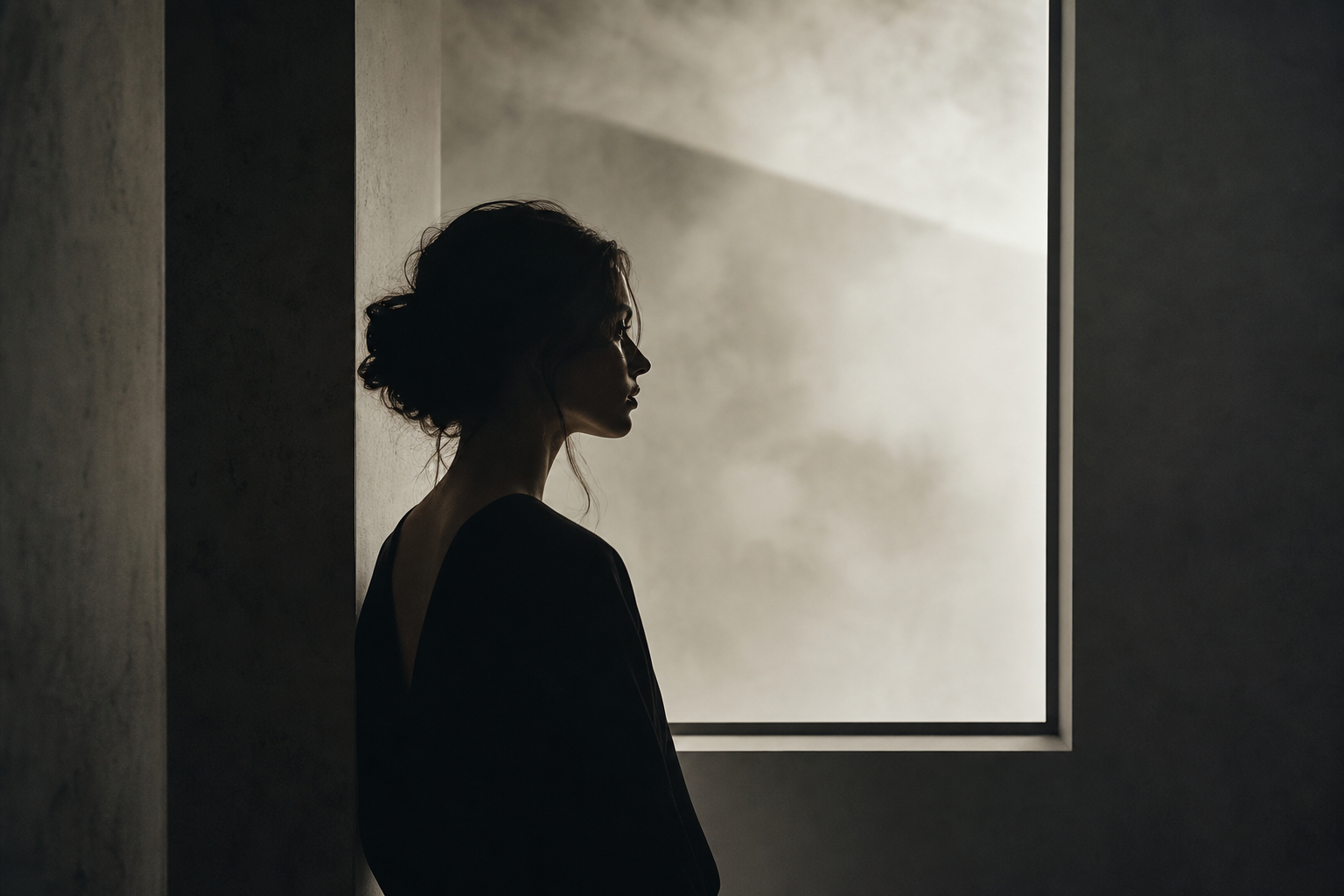 Side-lit silhouette portrait with soft haze and geometric framing