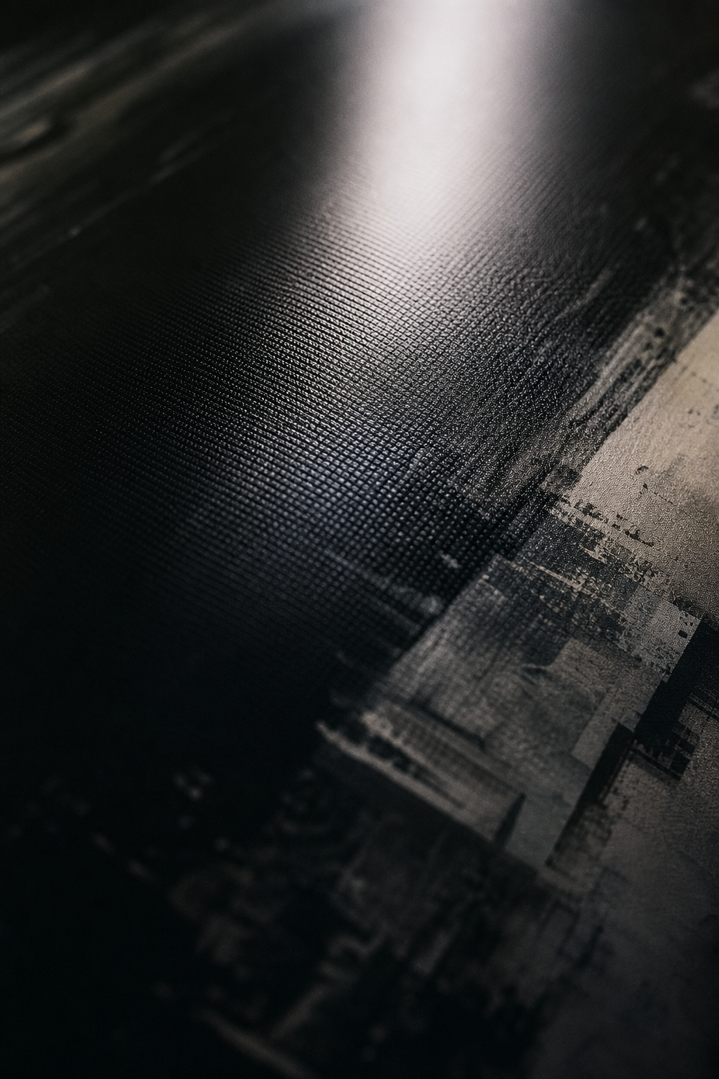 Close curatorial detail of textured digital print with rich contrast and reflected gallery light
