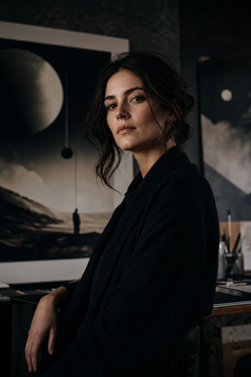 Elara Voss portrait, digital surrealist artist with soft directional studio lighting