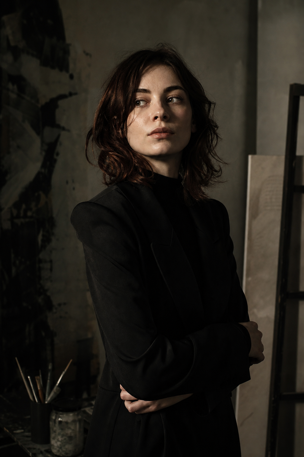 Elara Voss portrait with dramatic side lighting and editorial styling