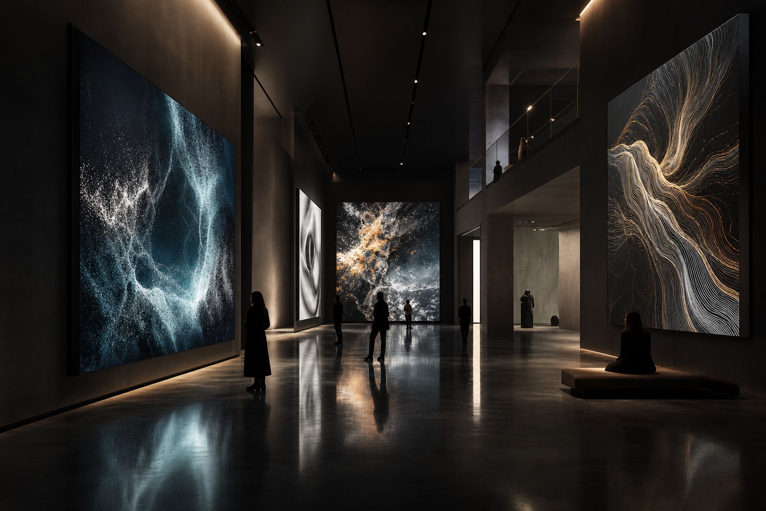 Wide exhibition hall with luminous digital artworks and visitors moving through a dark contemporary gallery