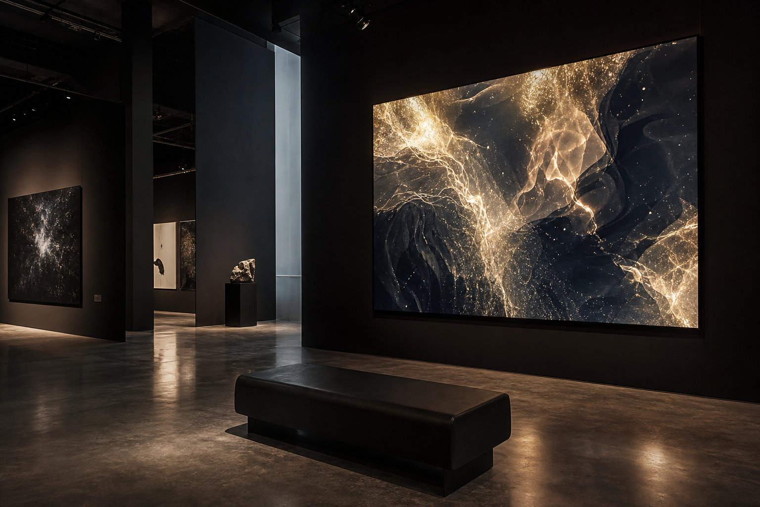 Moody contemporary gallery interior with large-scale illuminated artwork in a dark architectural space