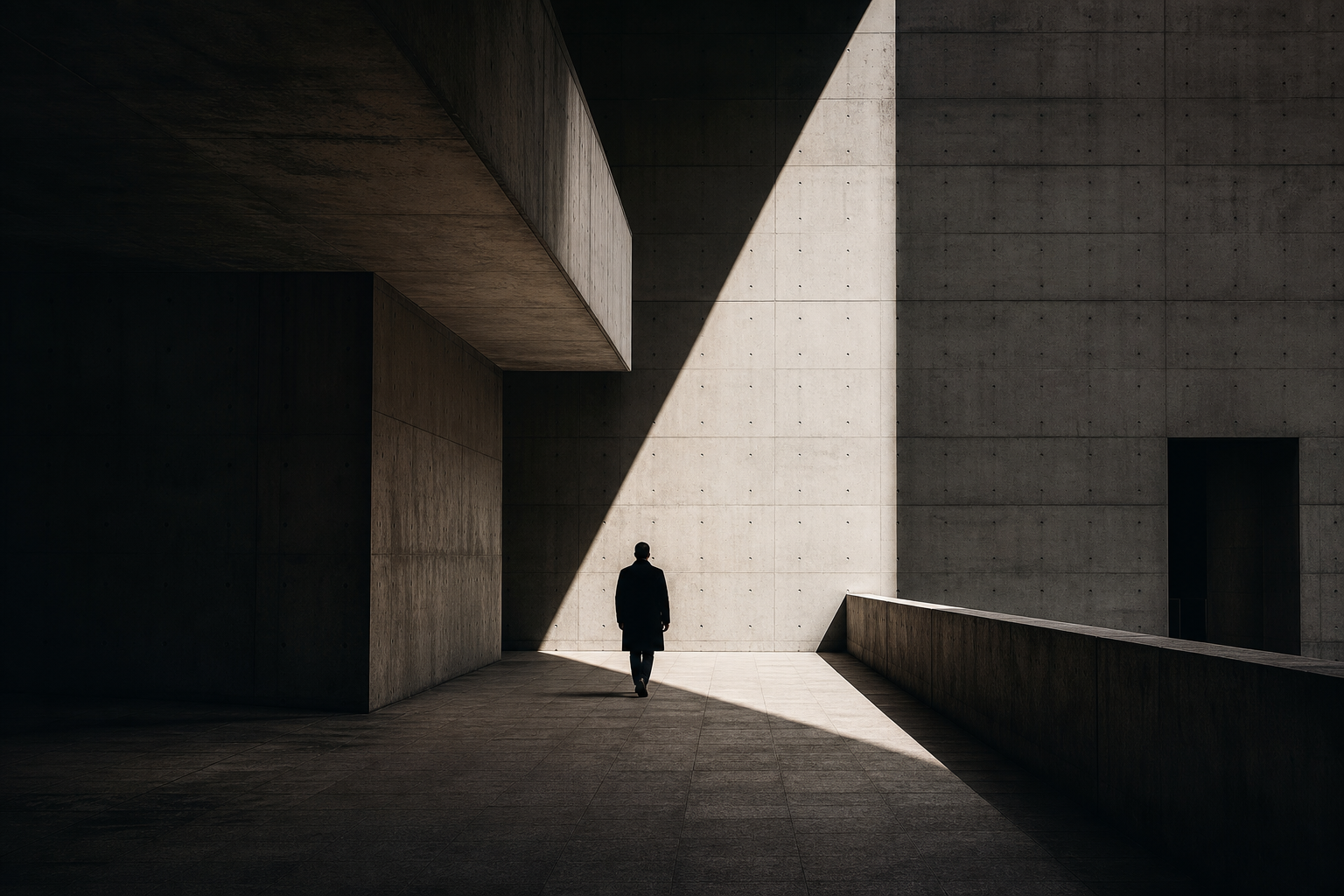 Solitary figure crossing strict architectural lines and geometric shadows