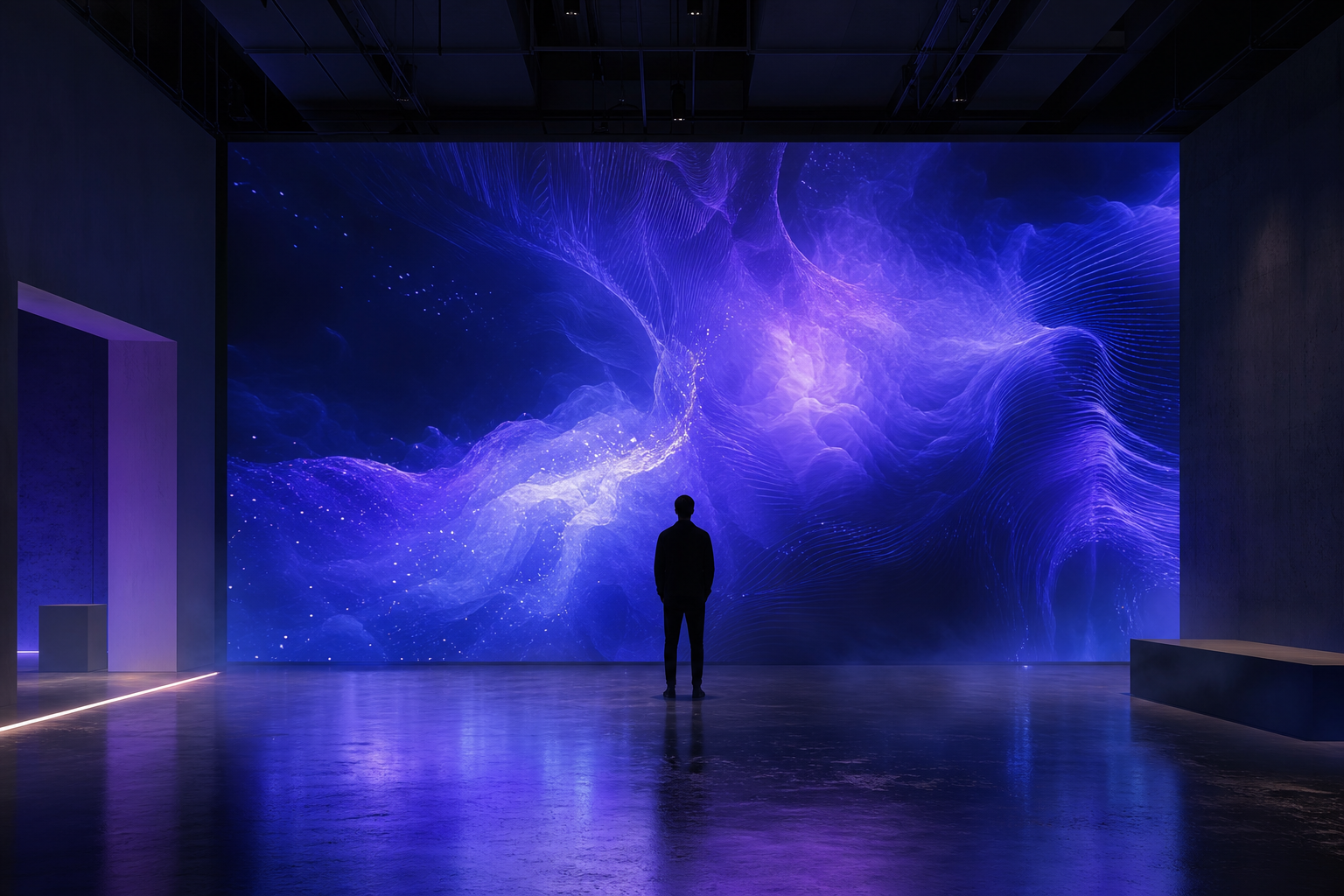 Immersive room with large-scale wall projection casting deep cobalt and violet light